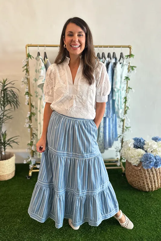 Blue And White Stripe Midi Skirt