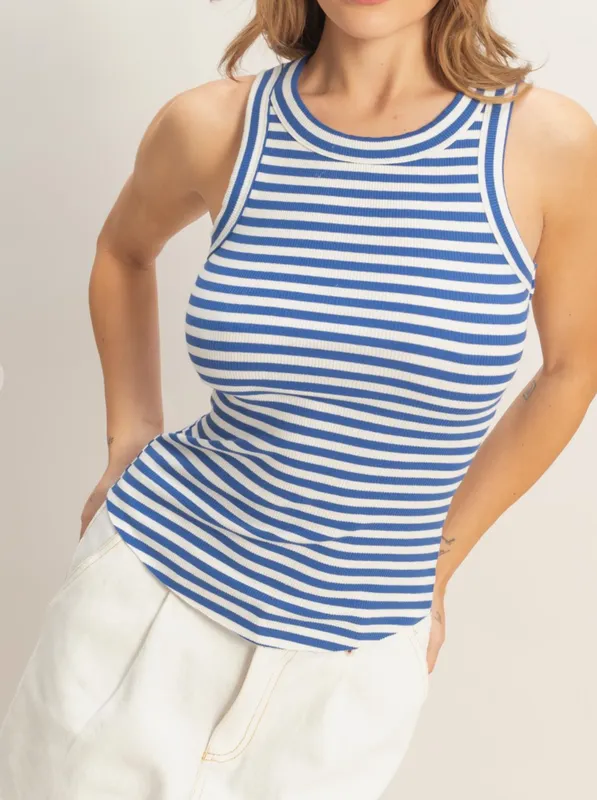 Blue & White Stripe Racerback Ribbed Tank