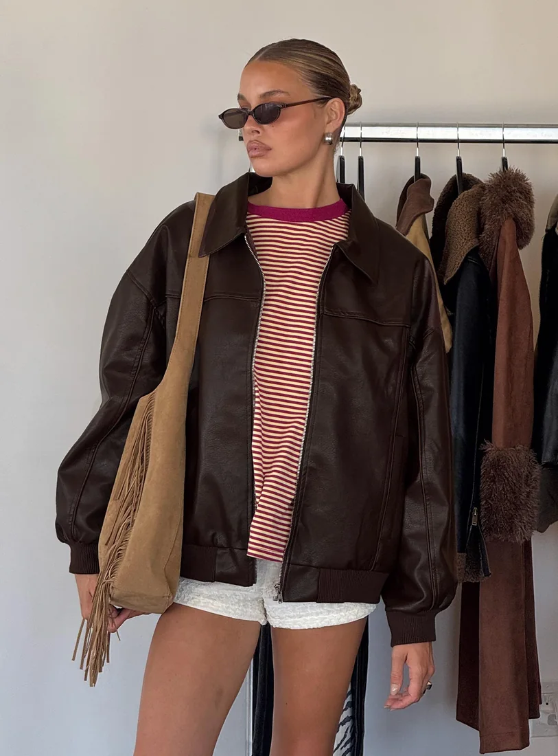 Goldsmith Faux Leather Bomber Jacket Brown