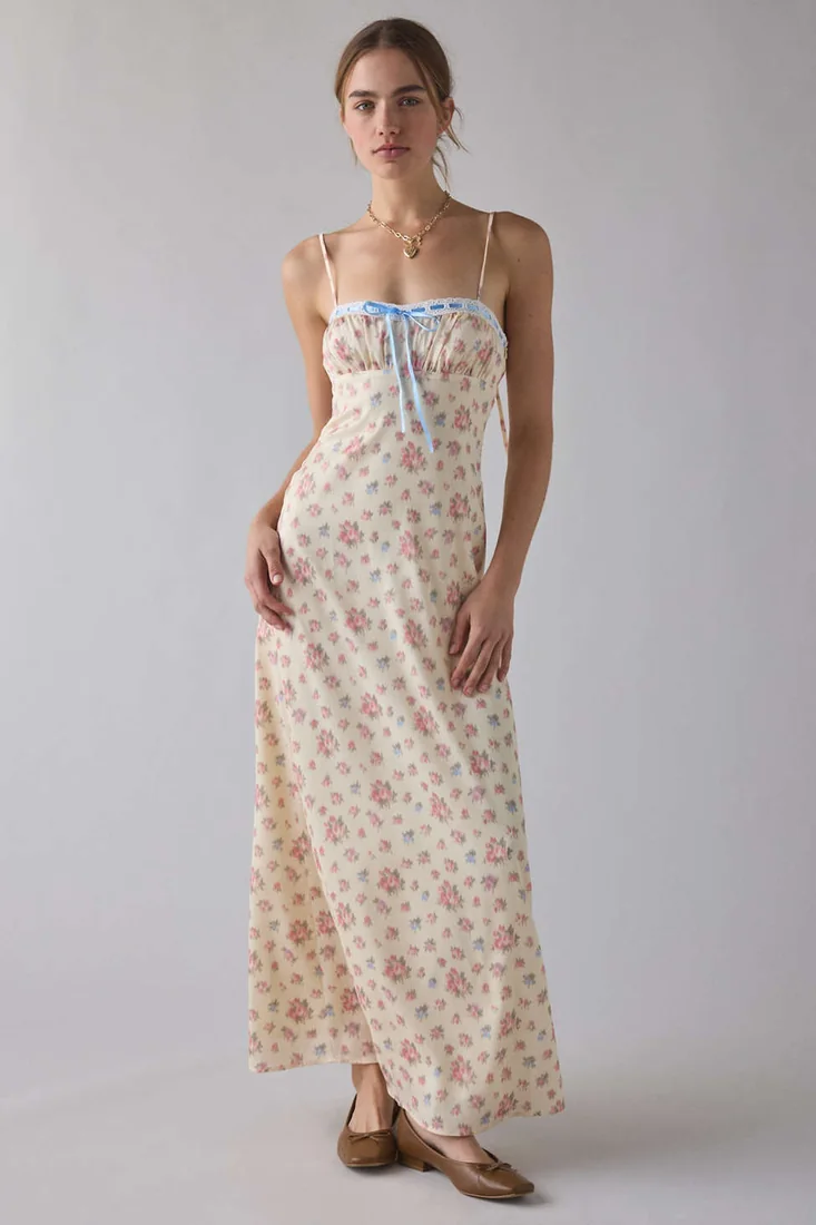 UO Tied With A Bow Lace Ribbon Trim Satin Maxi Slip Dress