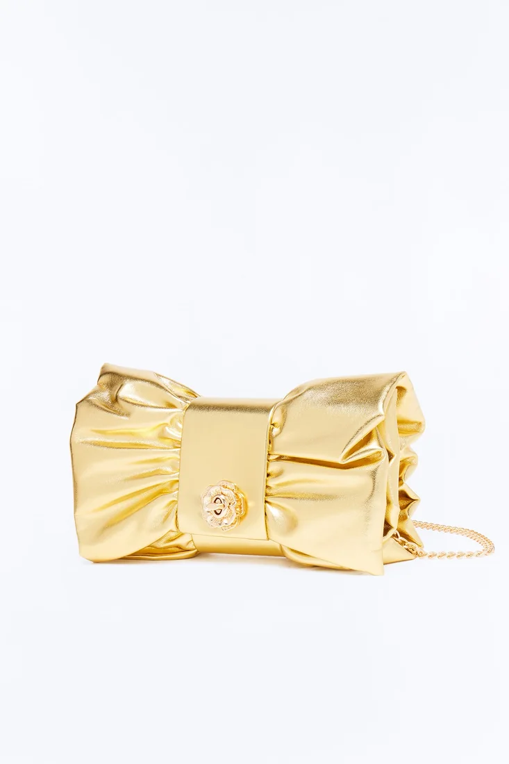 Bowtiful Metallic Clutch Gold