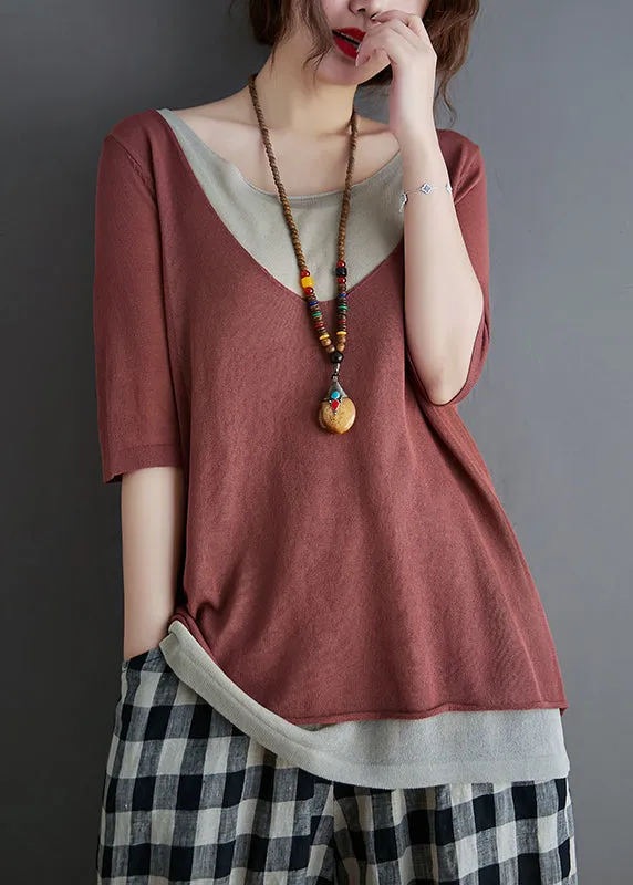 Brick Red Patchwork Knit