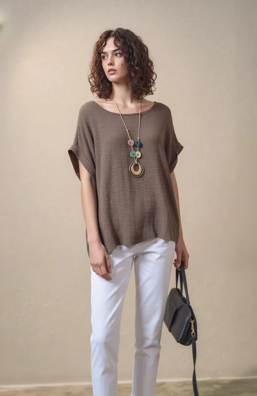 Brown Waffle-Knit Cotton Tee