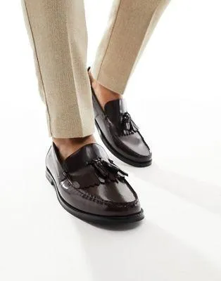 Burgundy Leather Loafers With Fringe Detail