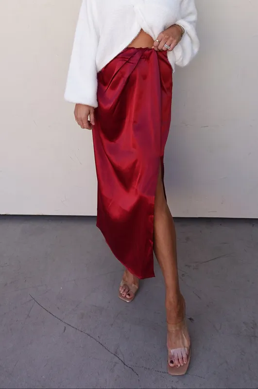 Burgundy Satin Side-slit Midi Skirt