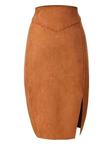 Camel Faux Suede Midi Skirt