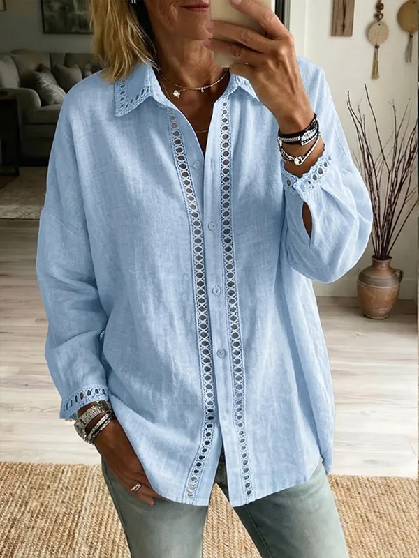 Casual Long-sleeve Linen-cotton Shirt With Spliced Cutout Webbing