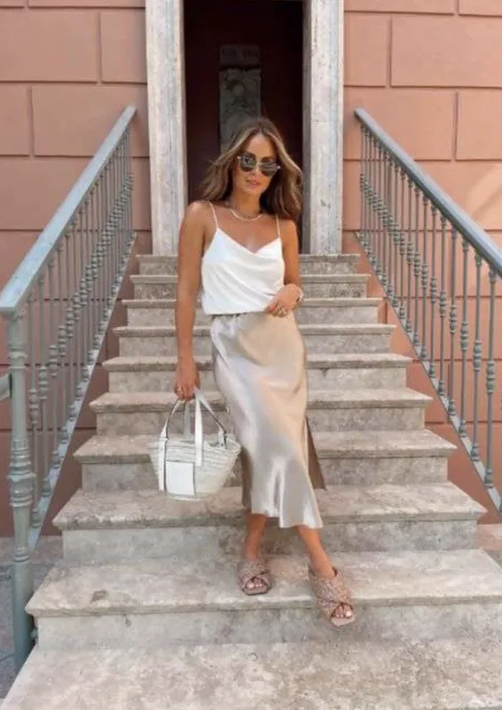 Champagne Satin Slip Skirt