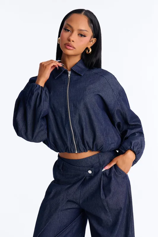 Checking Out Drapey Denim Bomber Jacket Dark Denim