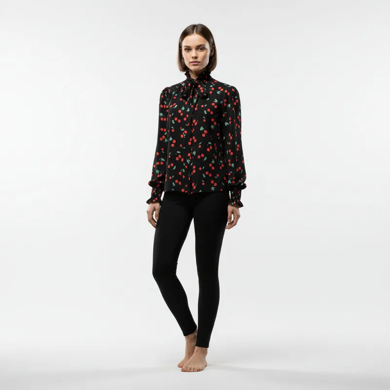 Cherry Print Tied Neck