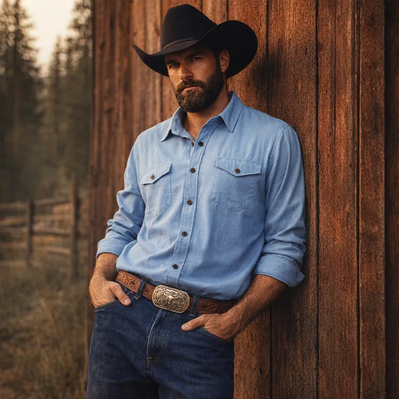 Classic Light Blue Washed Denim Workwear Shirt