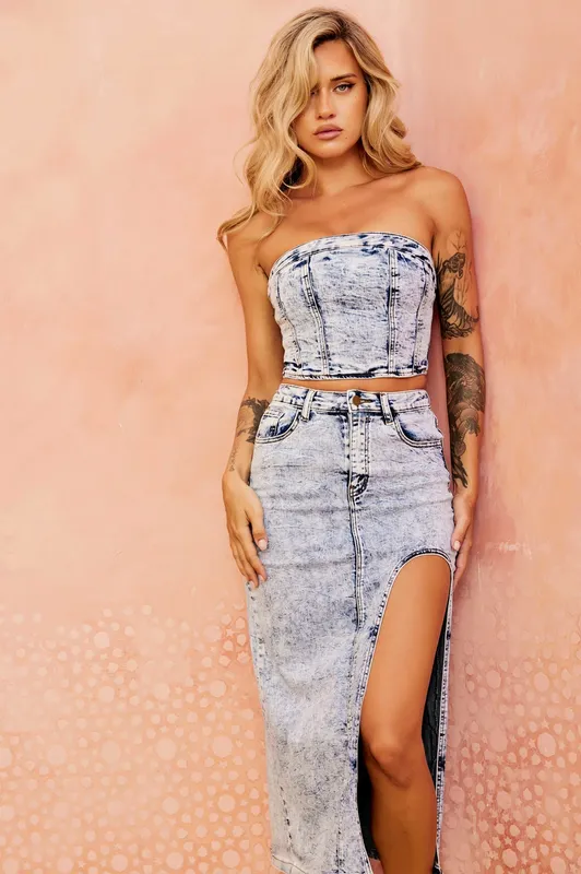 Clean Lines Denim Midi Skirt Denim Blue