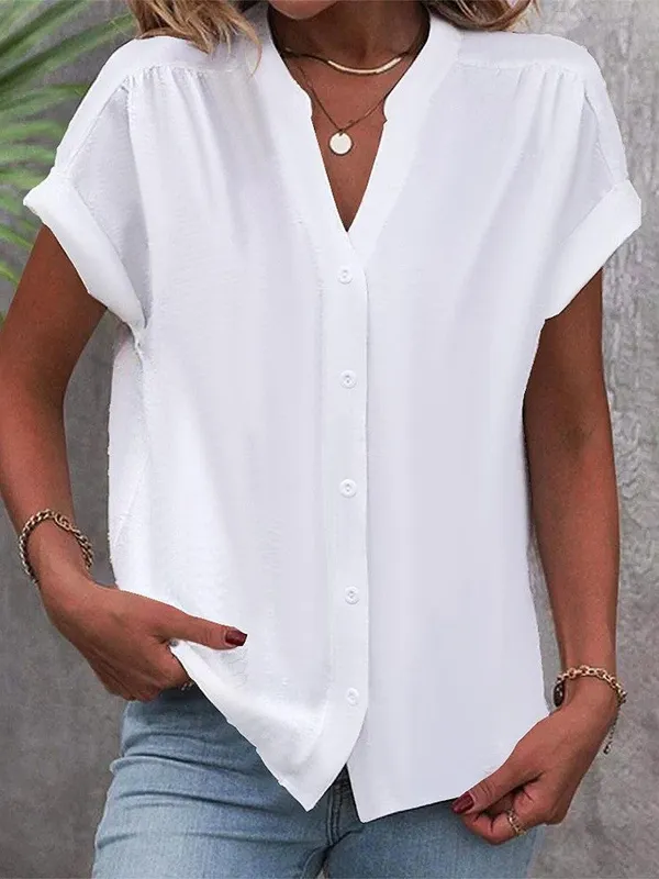 Comfy Buttoned V Neck Short Sleeve Shirt