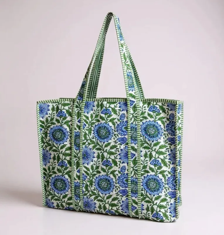 Cornflower Blue Green Floral Print Tote