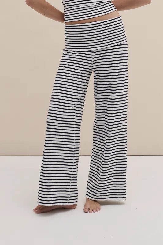 Cotton Jersey Fold Over Trousers Stripe White Navy