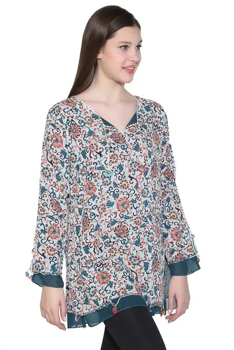 Cream Floral Long-Sleeve Blouse