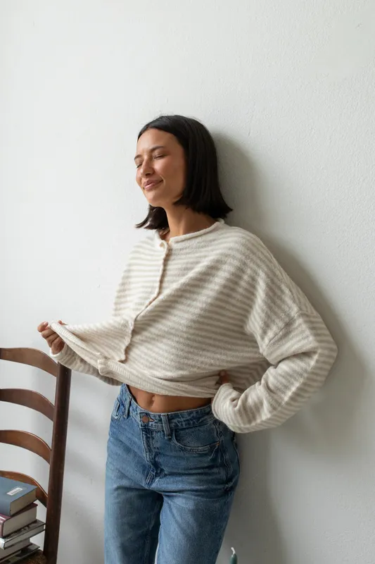Cream Mini Striped Cardigan