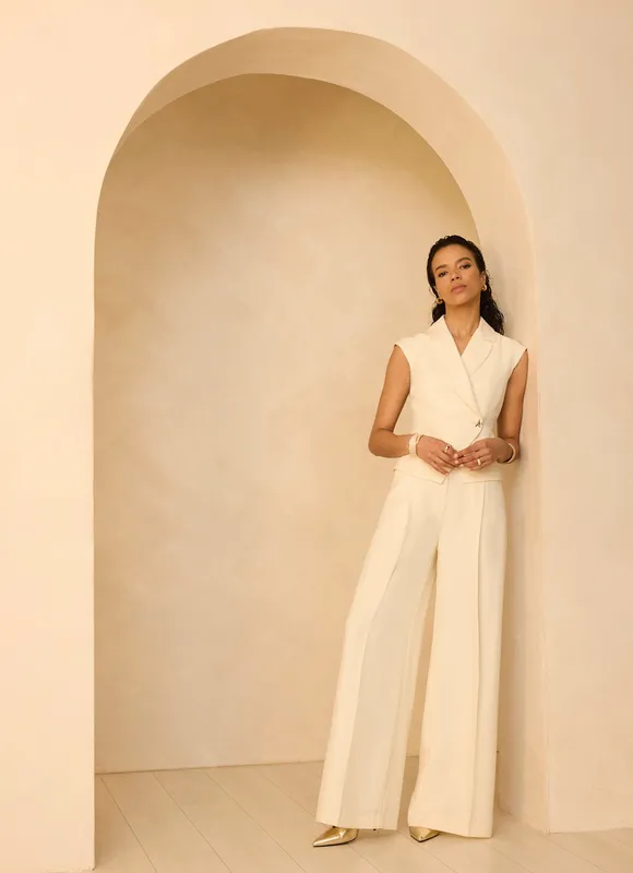 Cream Tailored Wide Leg Trousers