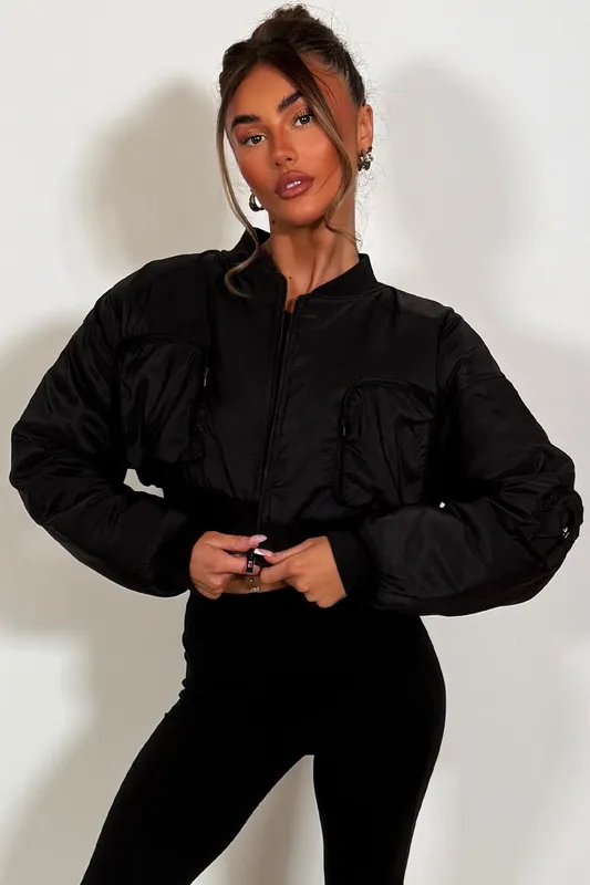Crop Bomber Jacket With Pockets Black