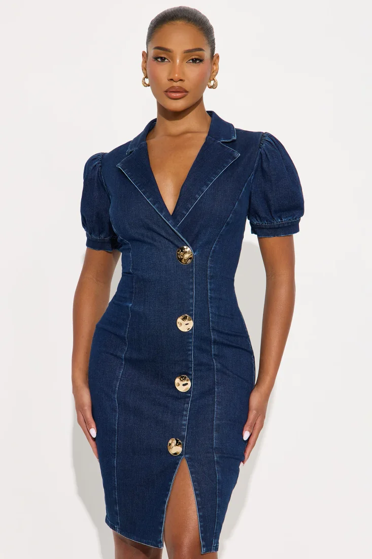 Mackenzie Collar Denim Midi Dress Dark Denim