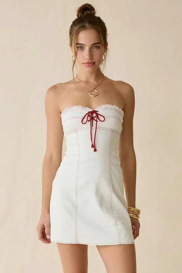 Surfs Up Lace-Up Strapless Denim Mini Dress
