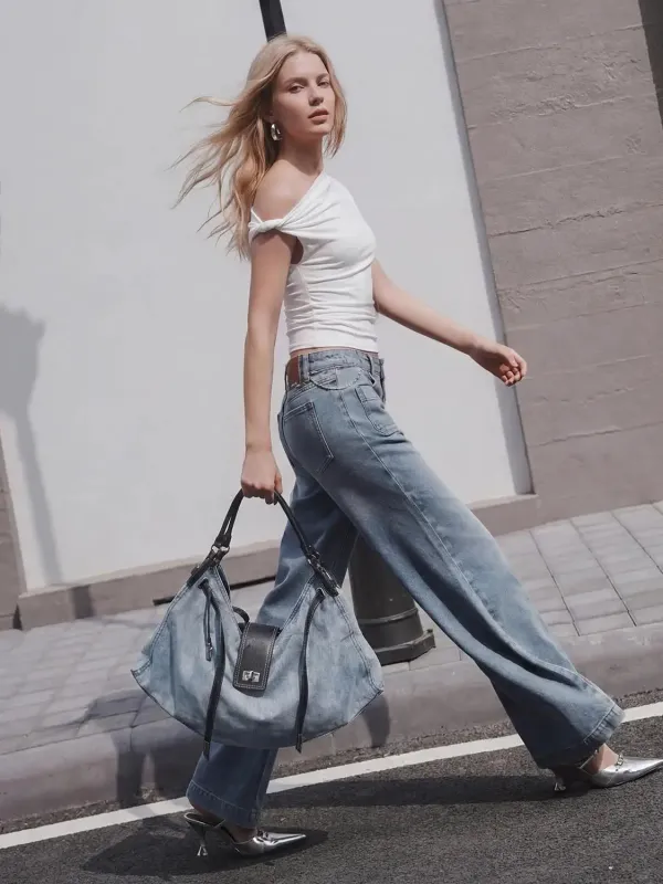 Denim Leather Trim And Gradient Details Shoulder
