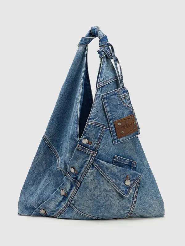 Denim Shoulder Bag Knot Handles And Patchwork