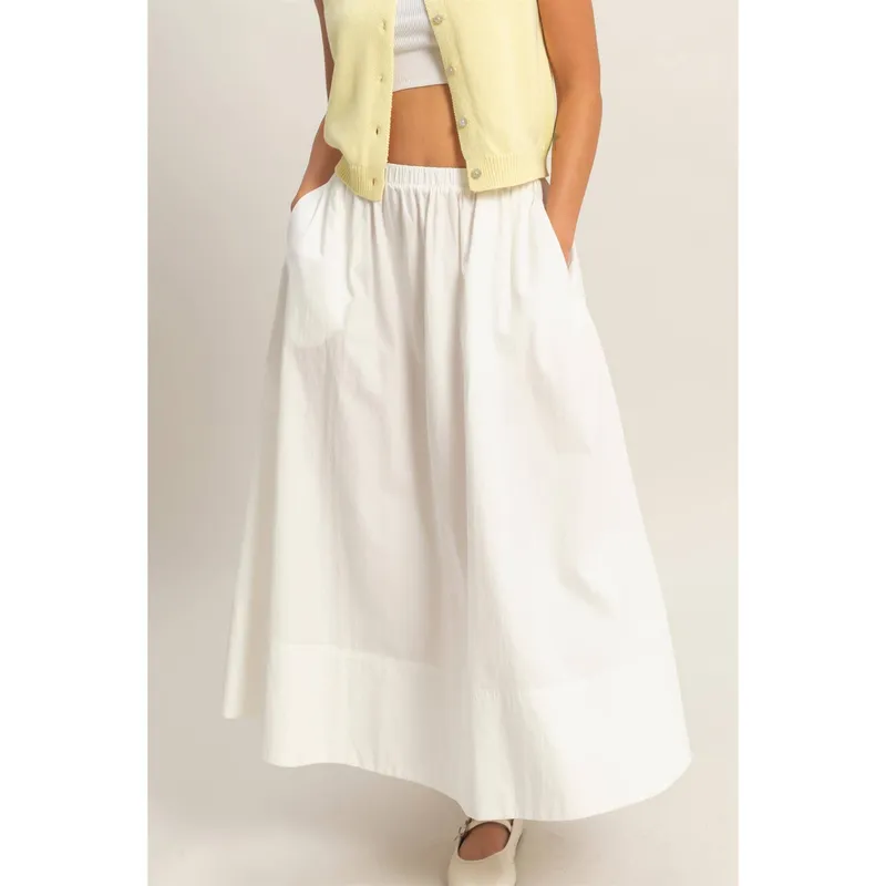 Elastic Waist Midi Poplin Skirt