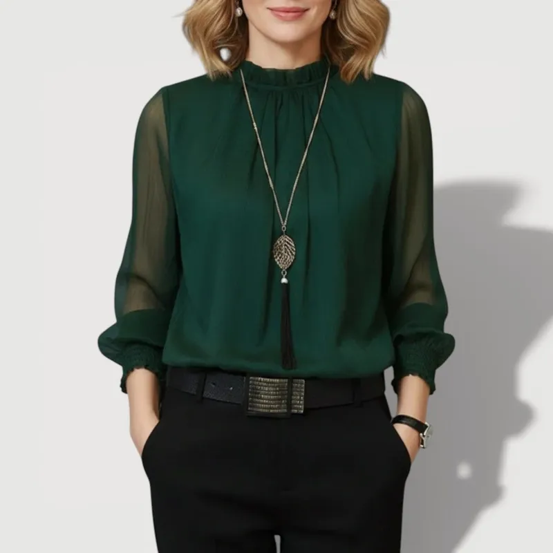 Elegant Blouse With Sheer Sleeves Gathered Neckline Top