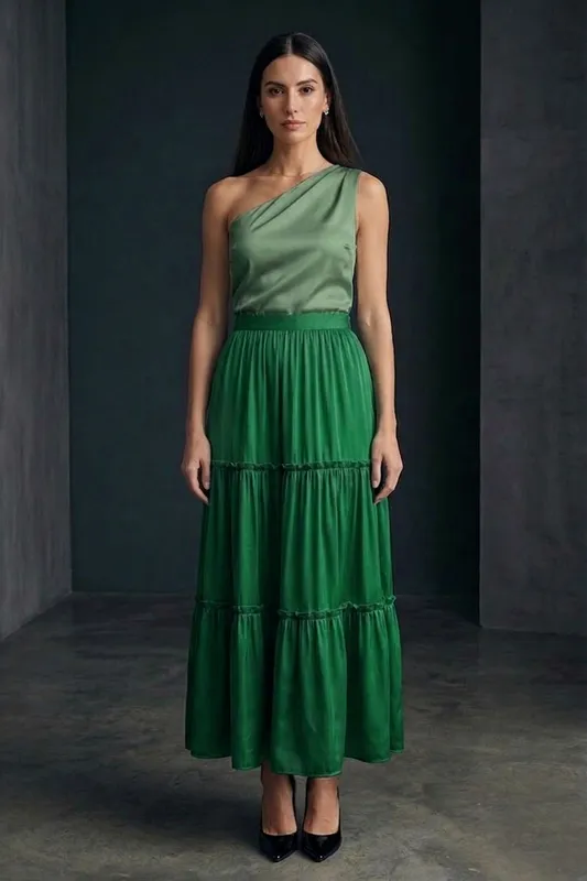 Elegant Emerald Satin Maxi Skirt With