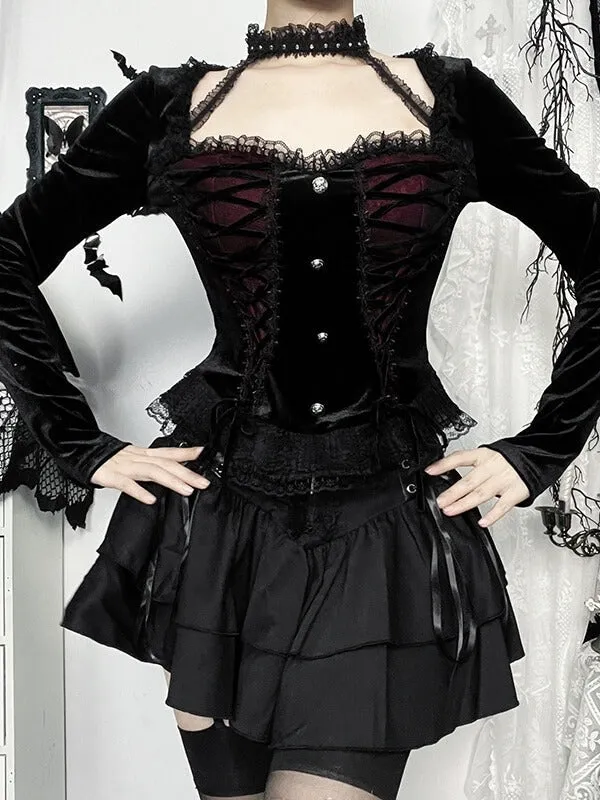 Elegant Goth Lace-up Ribbon Top