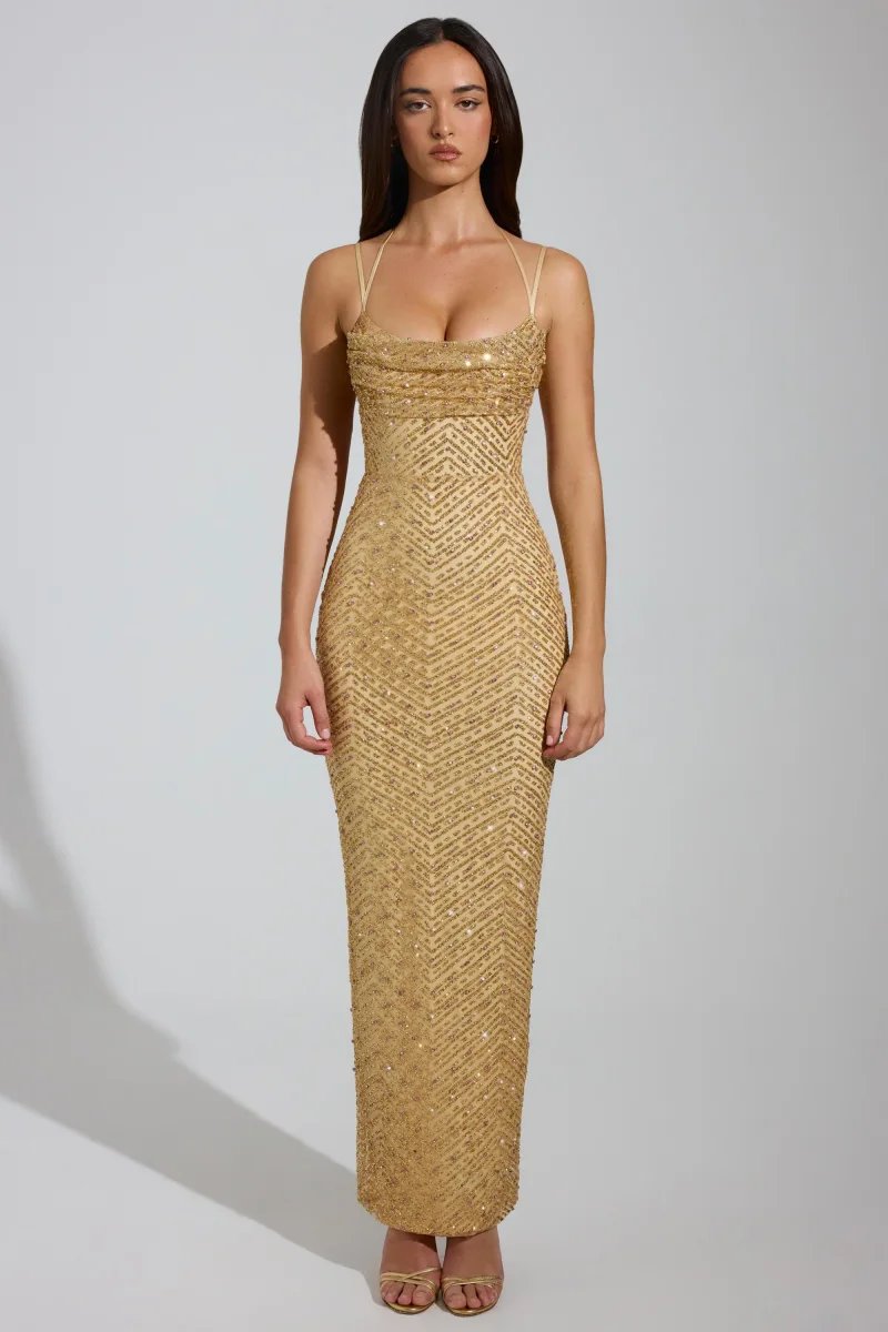 Embellished Cowl-neck Maxi Dress