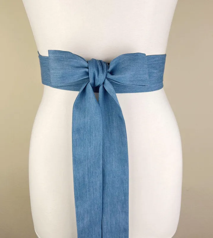 Extra Long Light Wash Denim Sash Belt by Satin Swank®