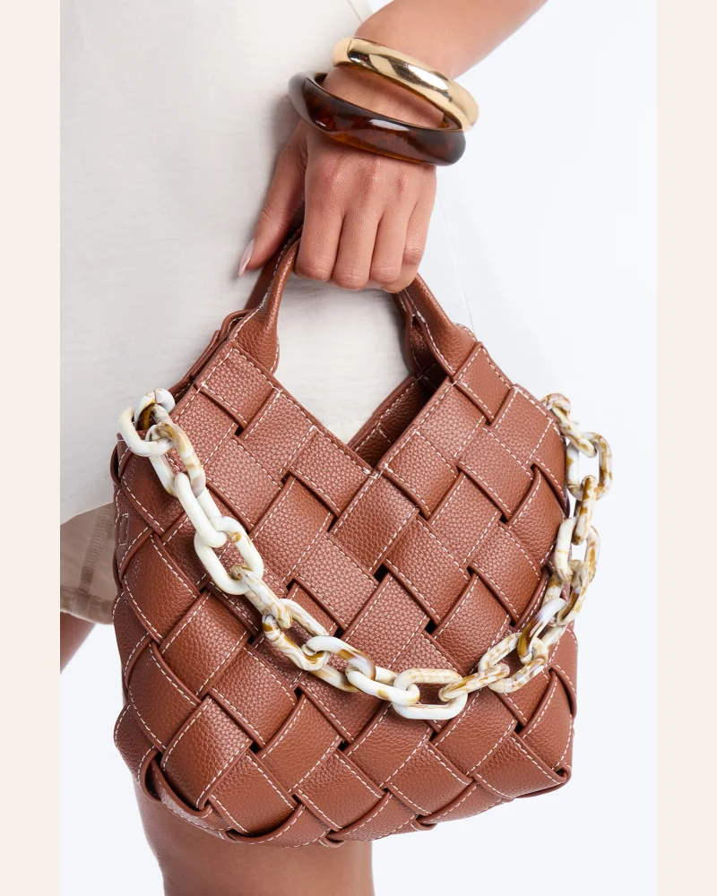 Martini On Hand Woven Faux Leather Satchel Handbag