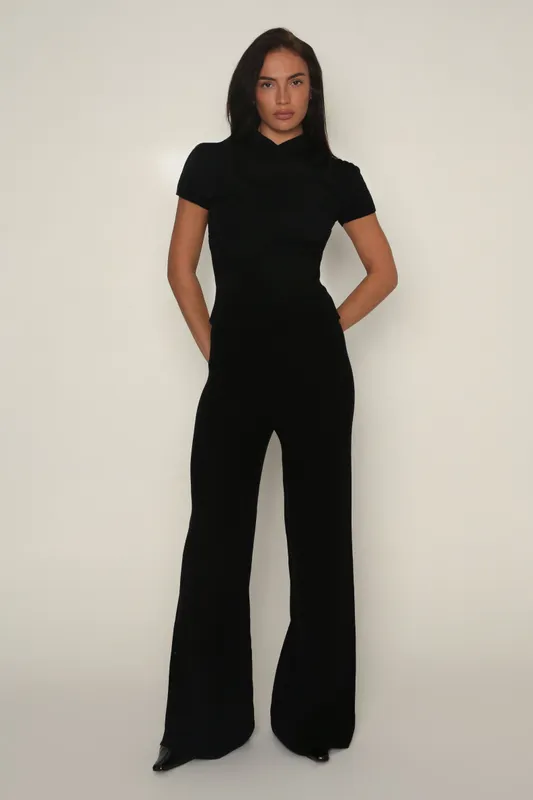 Fine Knit Wide Leg Trousers In Black