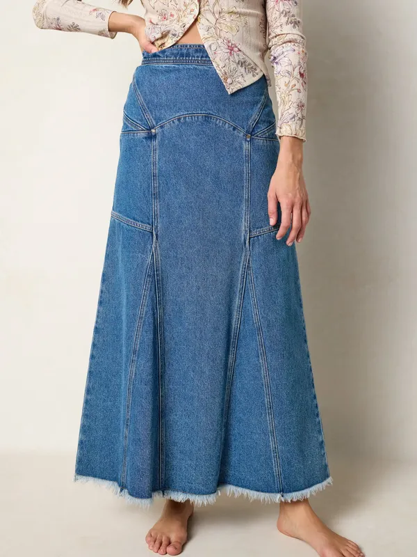 Fitted Cotton Denim Maxi Skirt Medium Wash