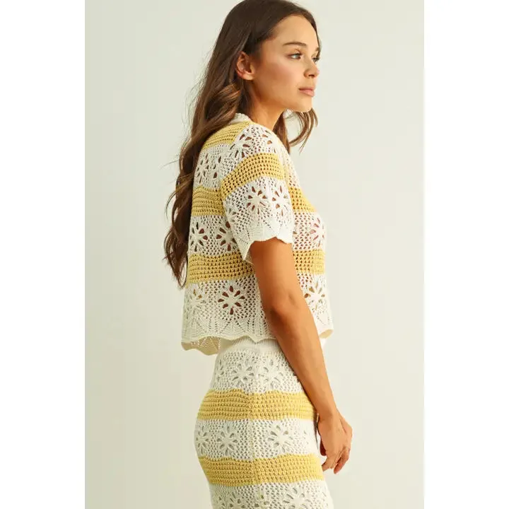 Floral Crochet Knit Button Front Sslv Top