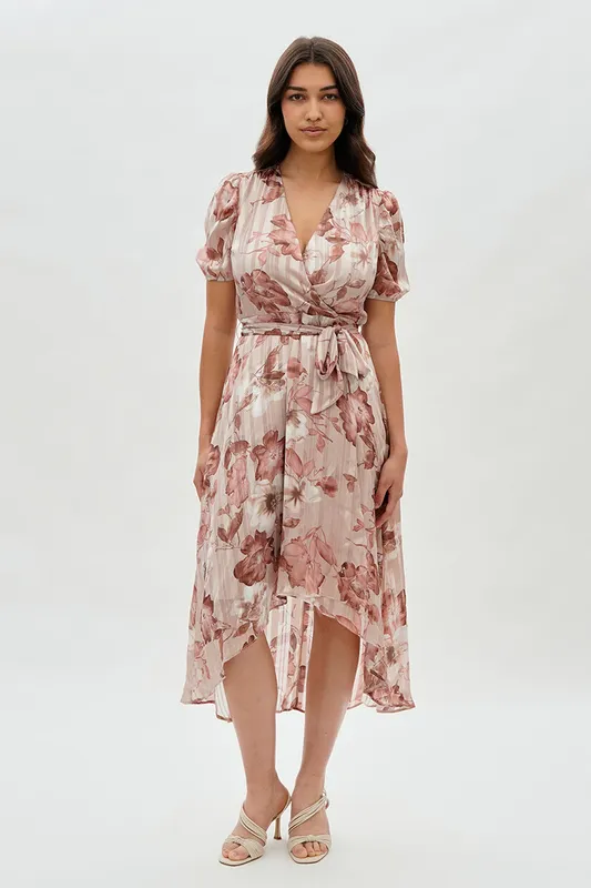 Floral Wrap Midi Dress Blush