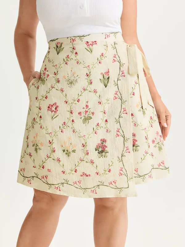 Floral Wrap Tie Midi Skirt
