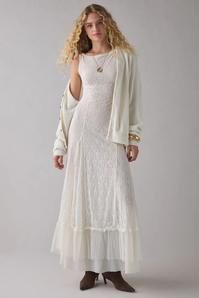 UO Like A Dream Sheer Lace Scoop Maxi Slip Dress