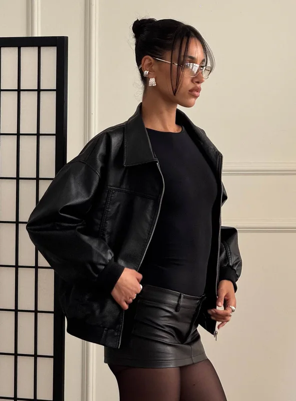 Goldsmith Faux Leather Bomber Jacket Black