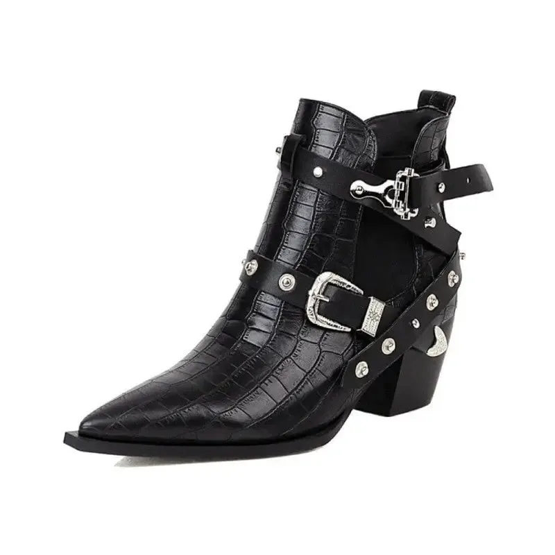 Gothic Pointed Toe Square Heels Ankle