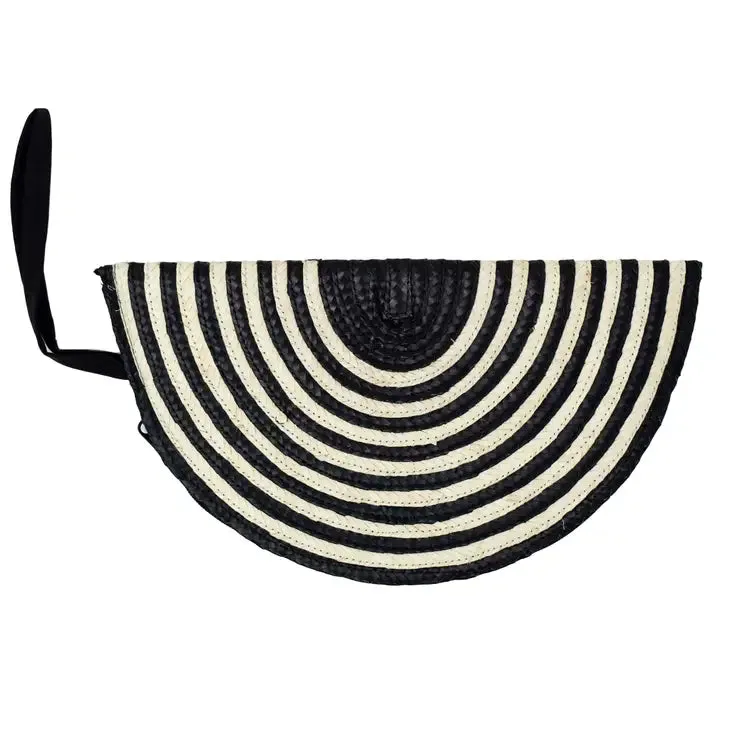 Half Moon Straw Clutch Black Stripe