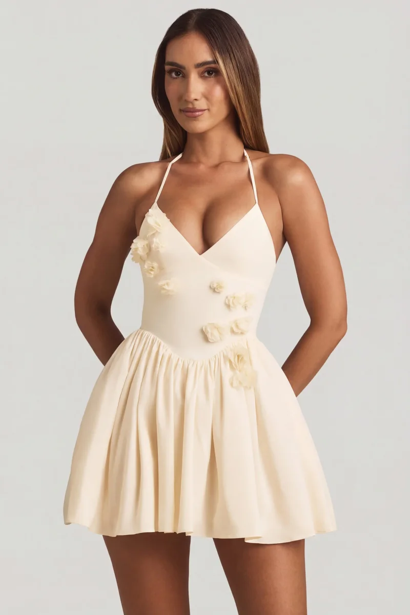 Halterneck Floral-appliqué Corset Mini