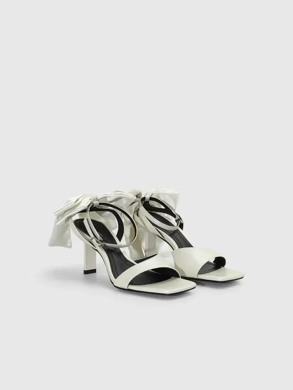 Heeled Sandals Cream Synthetic Leather Bow Tied Heeled Sandals