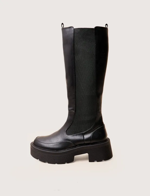 Heels Evergreen Black Knee High Elasticated Detail Chunky Heeled