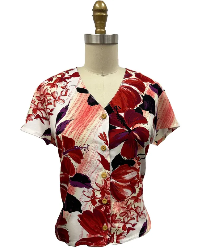 Hibiscus Red V-neck Blouse