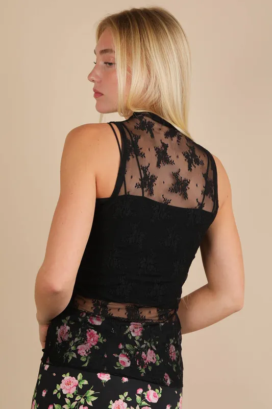 High Neck Sheer Mesh Lace Fitted