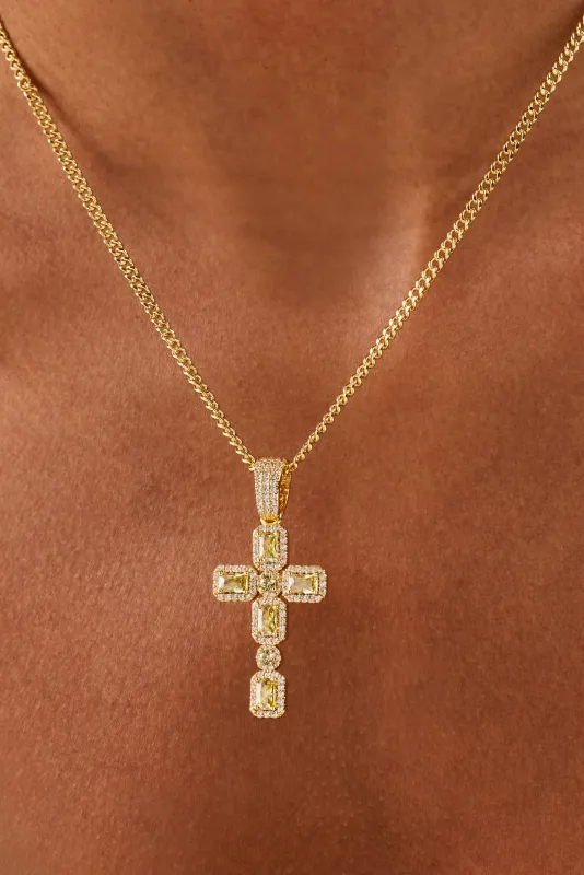Iced Green Gemstone Cross Cuban Necklace