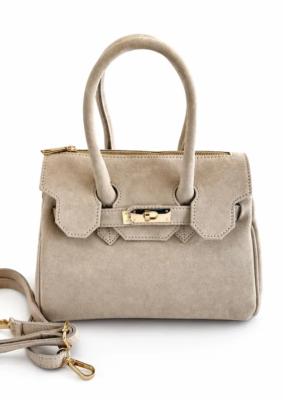 Italian Mini Lock Suede Satchel Bag- Ecru